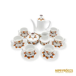 Hollóházi porcelán - Narancssárga-barna kávés készlet 6 személyes