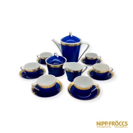 Hollóházi porcelán - Kék-arany 6 személyes kávés készlet