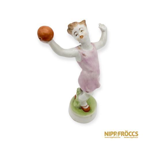 Zsolnay porcelán - Labdázó kislány rózsaszín ruhában