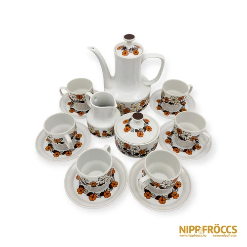Hollóházi porcelán - Narancssárga-barna kávés készlet 6 személyes