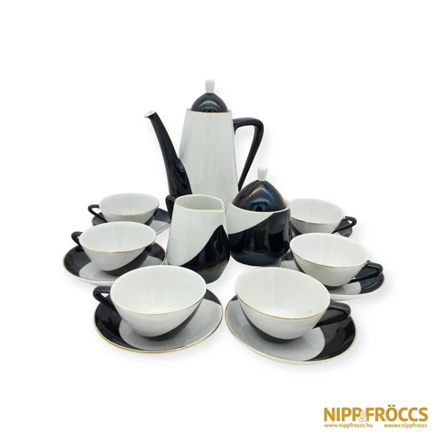 Hollóházi porcelán - Fekete-fehér 6 személyes teljes kávés készlet