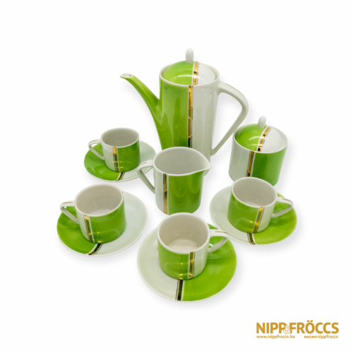 Hollóházi porcelán - Retró zöld-fehér kávés készlet (4 személyes, teljes)