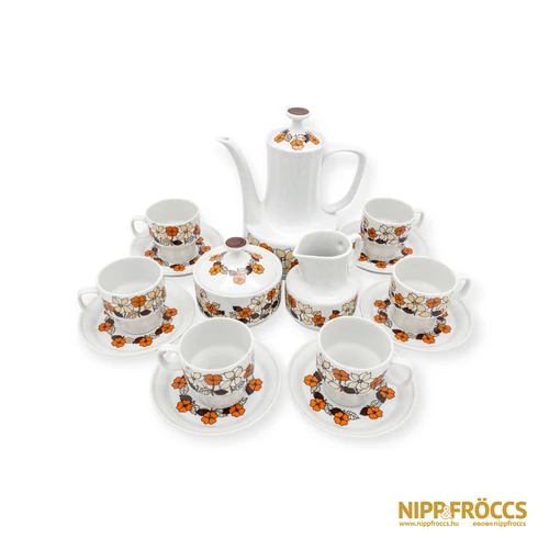 Hollóházi porcelán - Narancssárga-barna kávés készlet 6 személyes