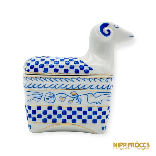 Hollóházi porcelán - Kék-fehér kos bonbonier