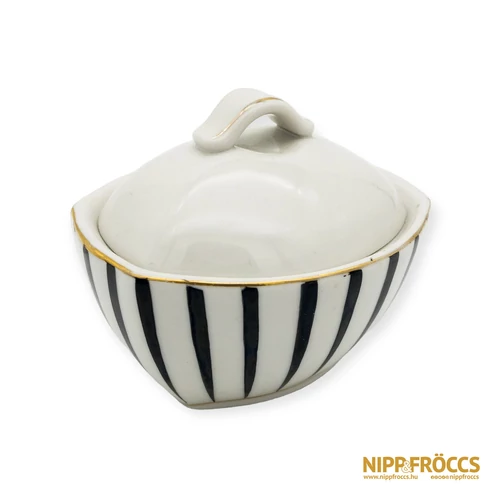 Hollóházi porcelán - Fekete-fehér csíkos bonbonier