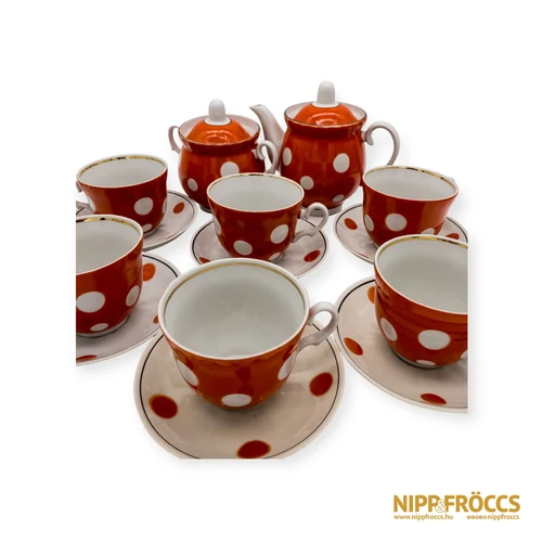 Porcelán, kerámia - Piros pöttyös teás készlet