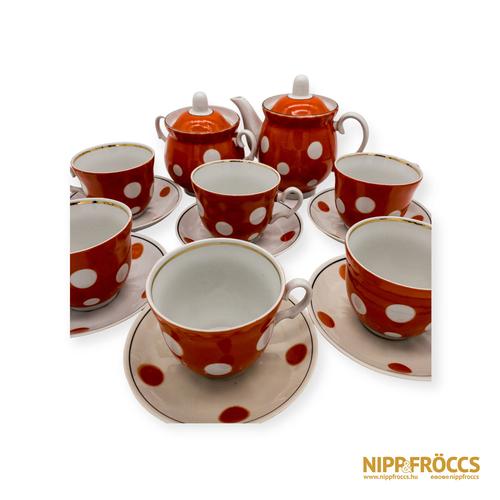 Porcelán, kerámia - Piros pöttyös teás készlet