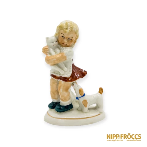 Sitzendorf porcelán - Kislány kutyával és cicával